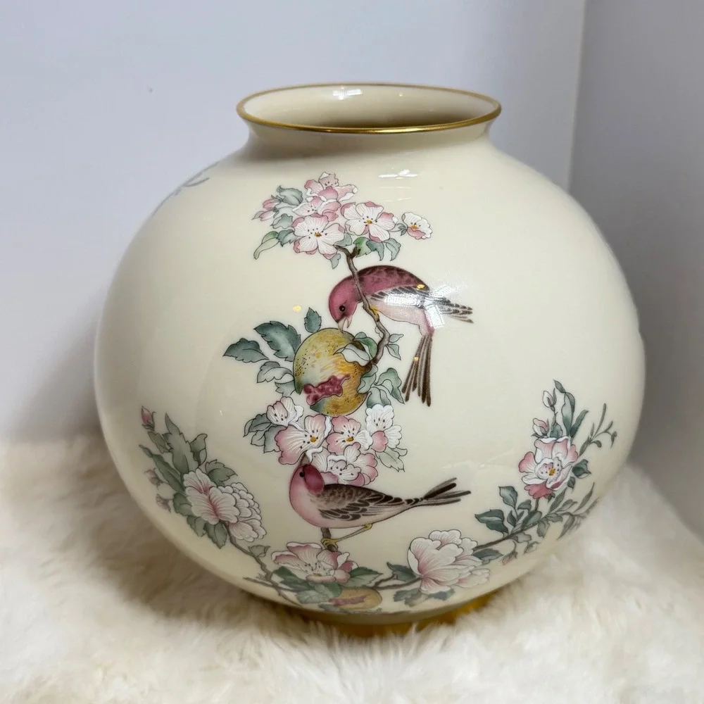Lenox Serenade Globe Vase 24K Gold Trim Pink Flowers Bird ~ Vintage Hand Painted